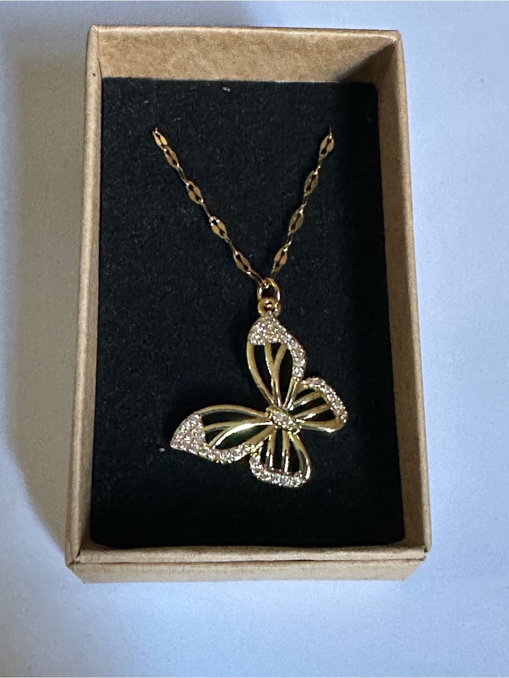 14kt Gold Plated Stainless Steel Rhinestone Butterfly Pendant Necklace